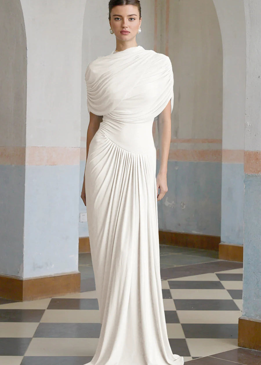 Vestido Catherine White Asymmetrical Pleated Maxi