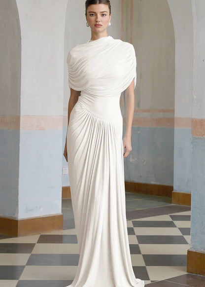 Vestido Catherine White Asymmetrical Pleated Maxi