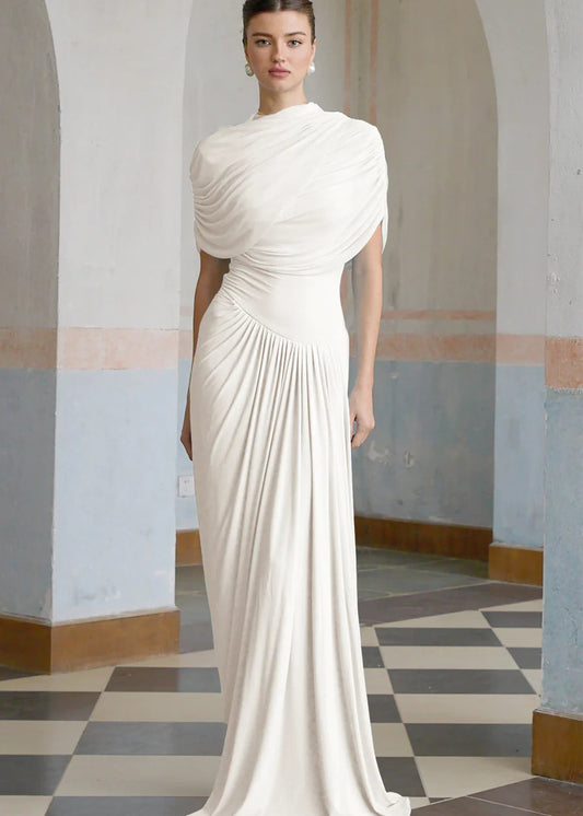 Vestido Catherine White Asymmetrical Pleated Maxi