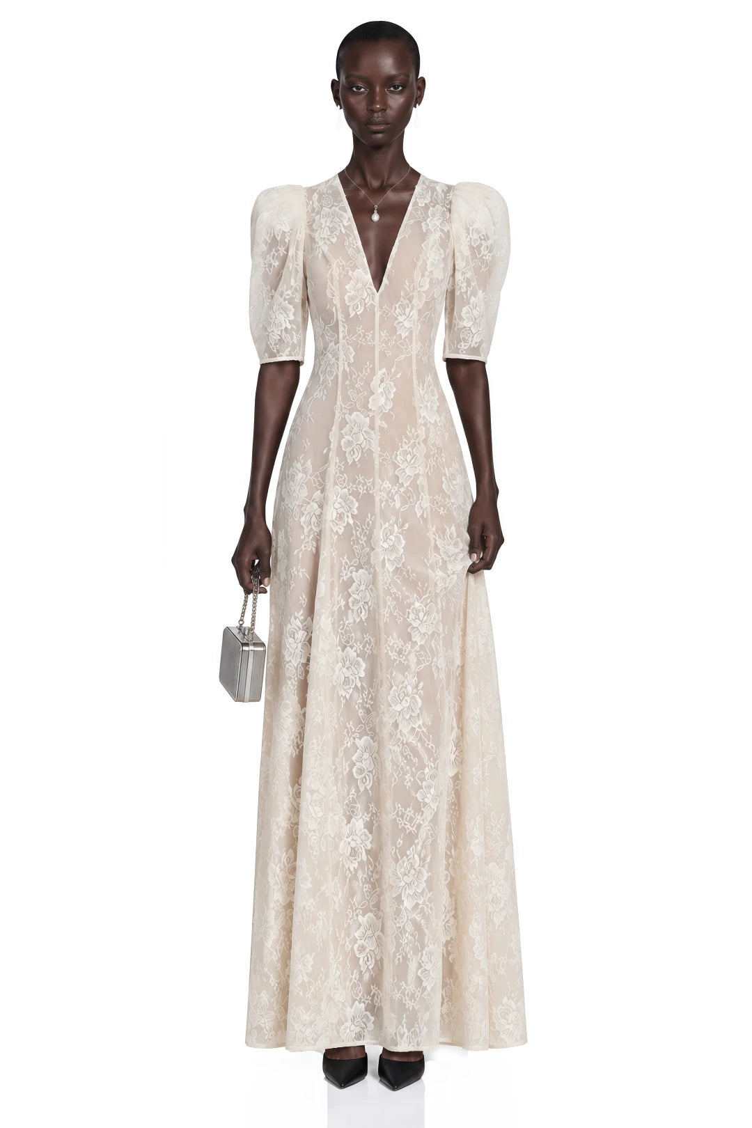 Vestido Hinekawa White V-Neck Lace Maxi