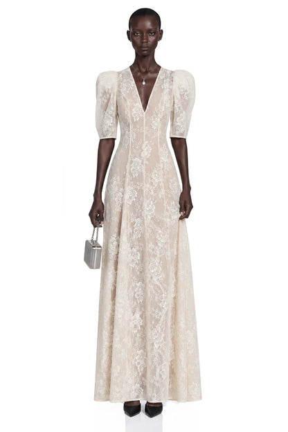 Vestido Hinekawa White V-Neck Lace Maxi