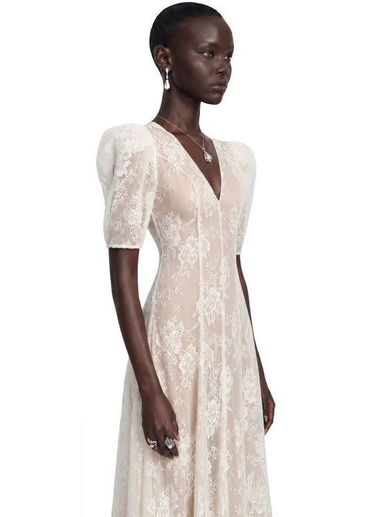 Vestido Hinekawa White V-Neck Lace Maxi