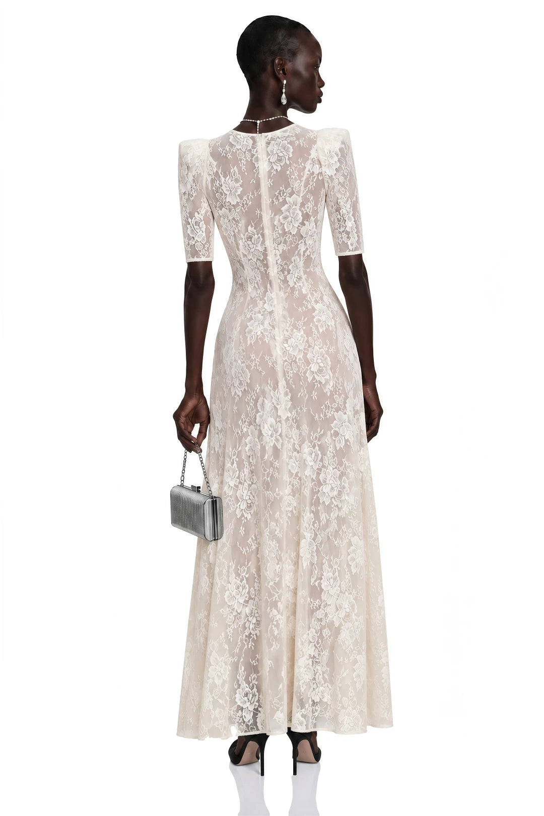 Vestido Hinekawa White V-Neck Lace Maxi