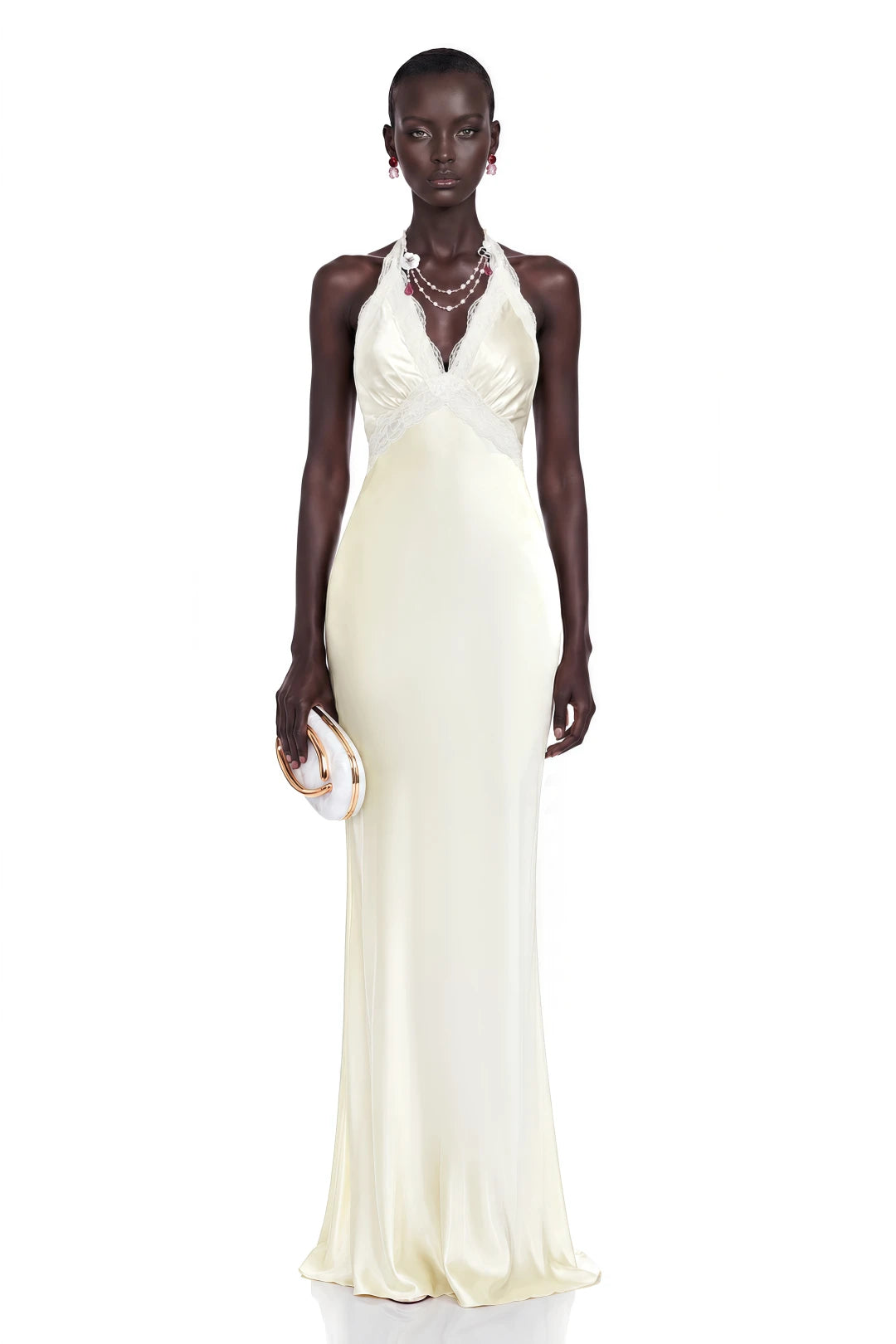 Vestido Maristella White Plunge Neck Halterneck Maxi