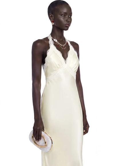 Vestido Maristella White Plunge Neck Halterneck Maxi